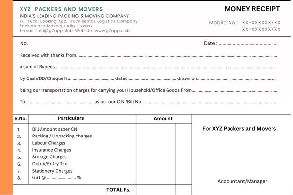 Packers and Movers Receipt Format jpg, free to download, you can Use for commercial purpose, Orange adn white colour use