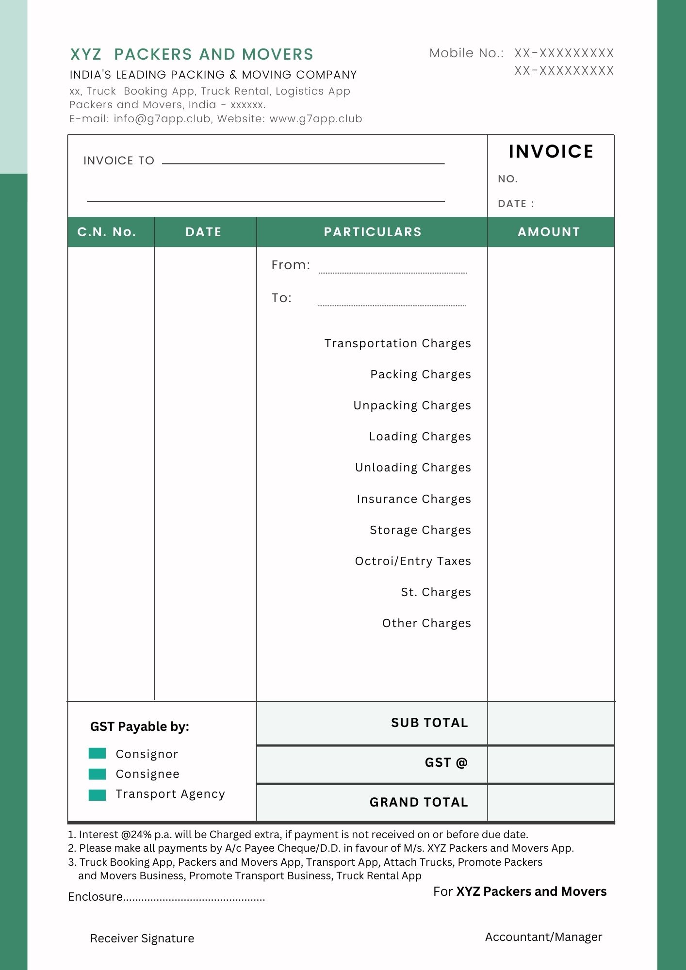 Packers and Movers invoice Format jpg, free to download, you can Use for commercial purpose, Green, white and light green colour use